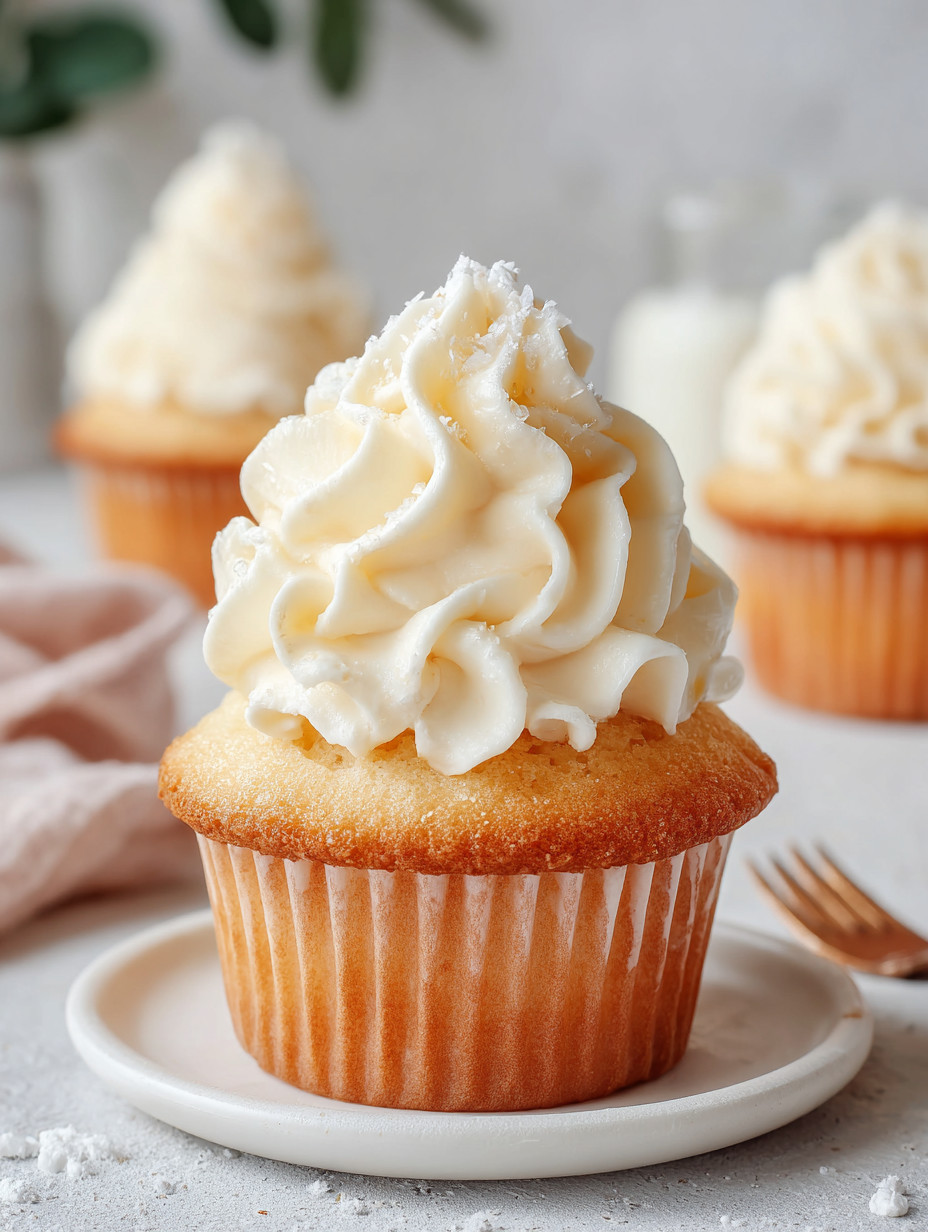 A cupcake with white frosting.