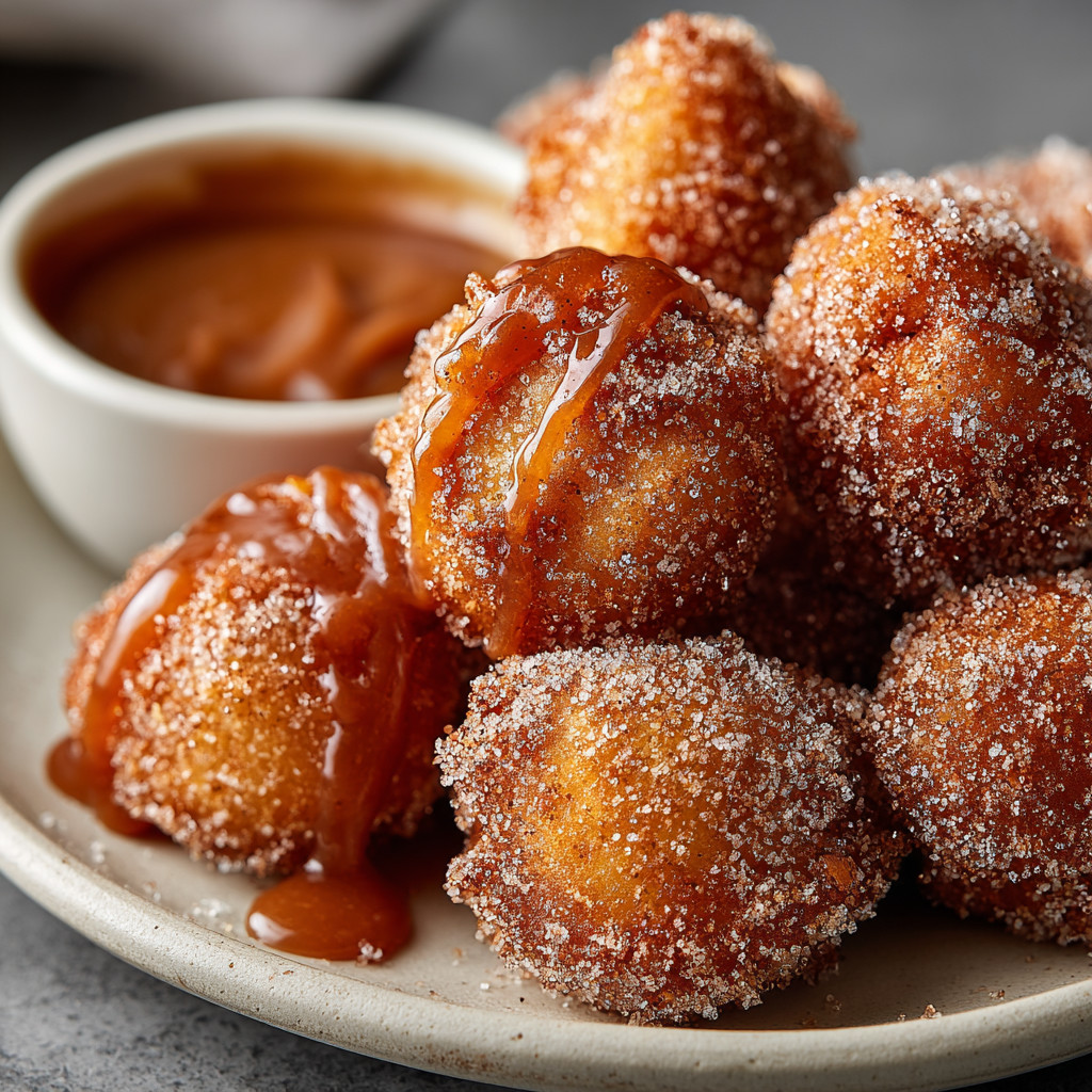A plate of doughnuts with a dipping sauce.