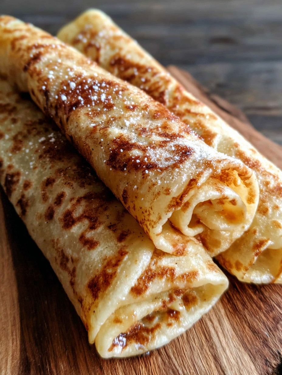Three crepes on a wooden table.