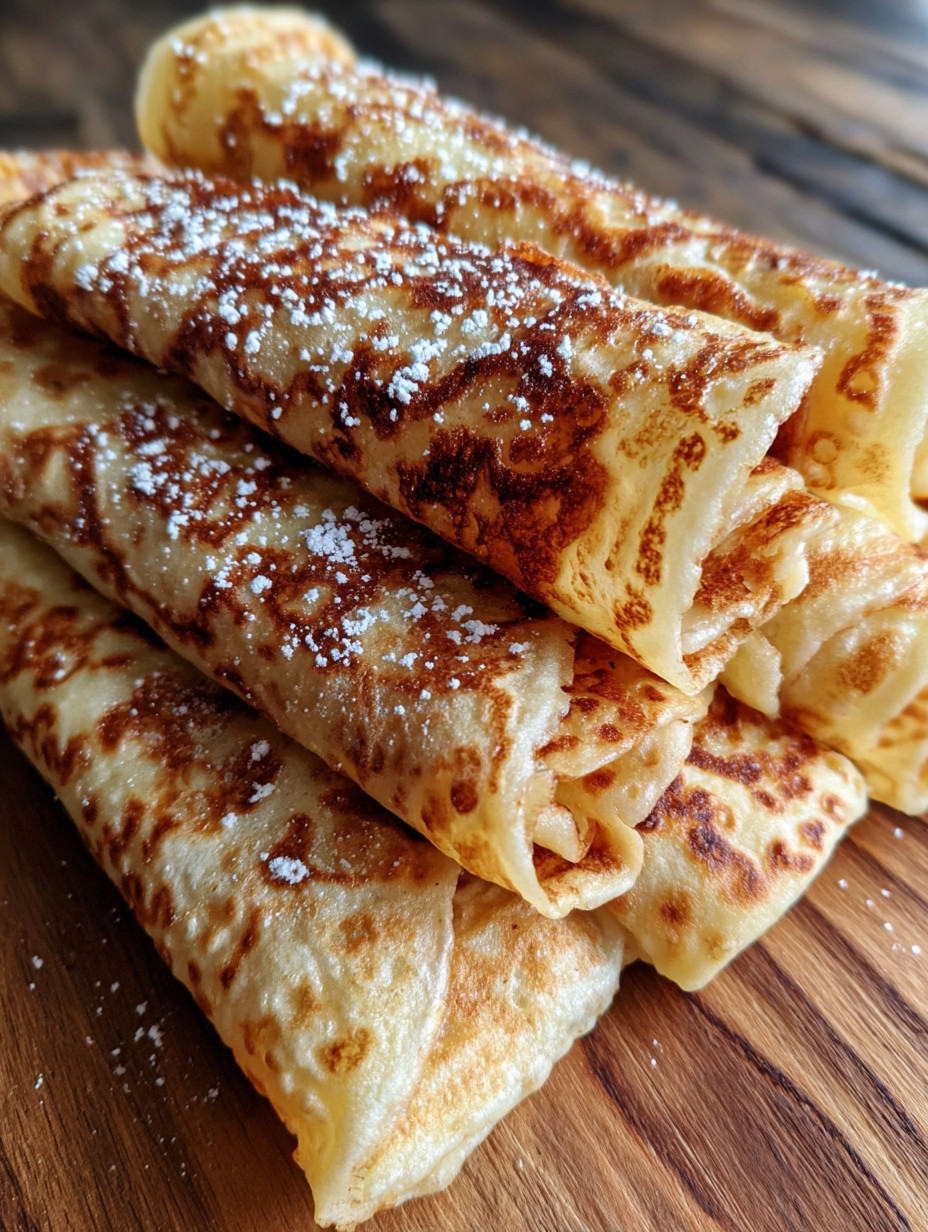 Stack of pancakes with powdered sugar.