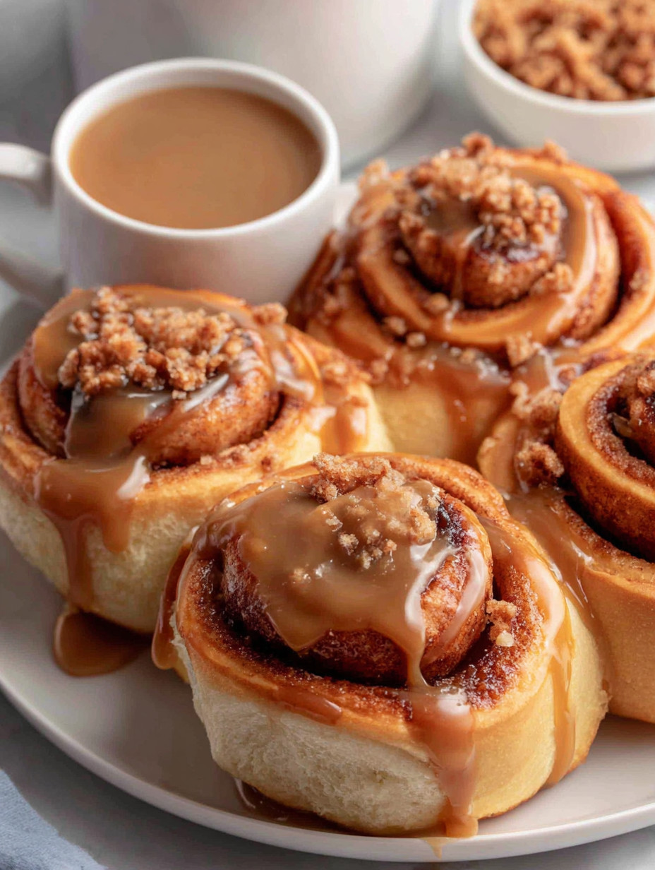 A plate of cinnamon rolls with a cup of coffee.