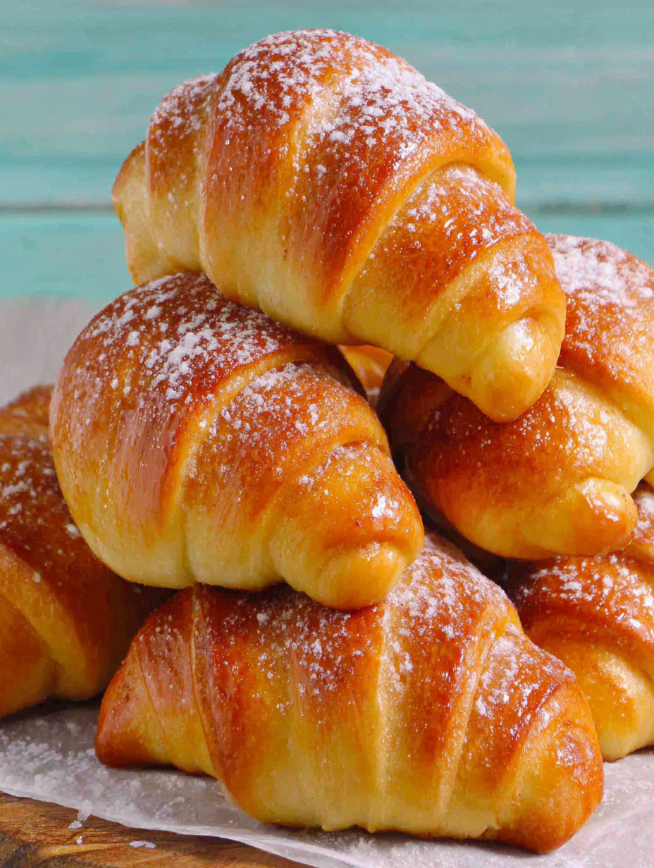 A stack of croissants with powdered sugar.