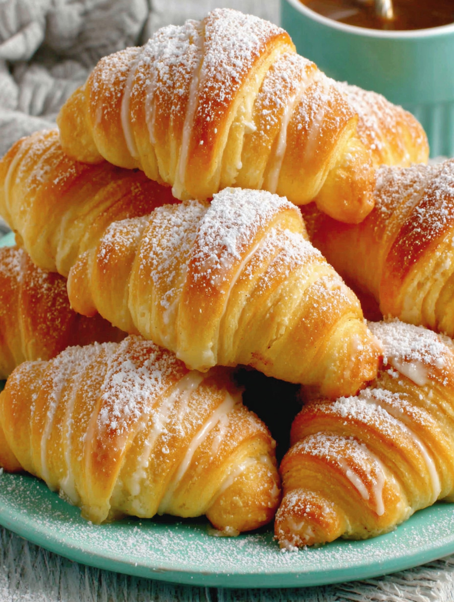 A stack of croissants with powdered sugar on top.