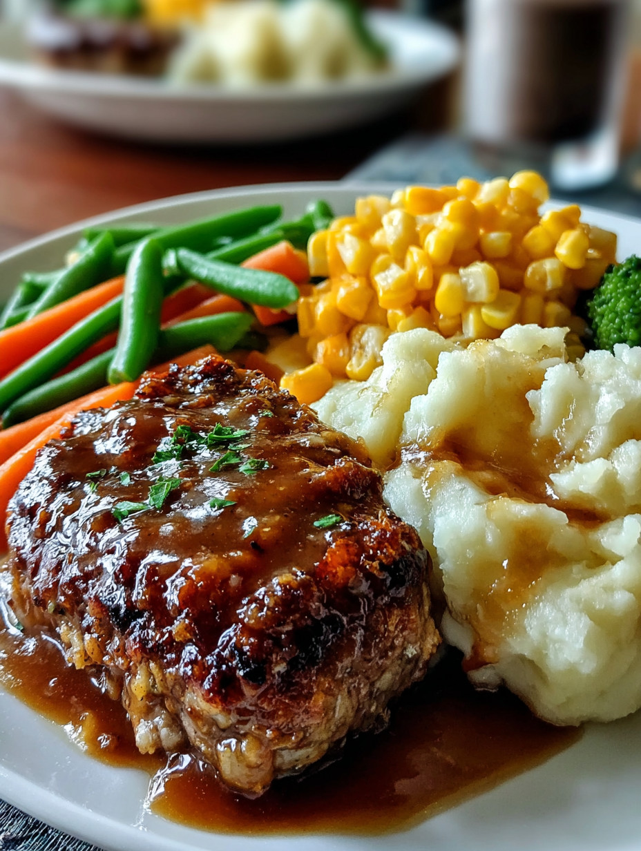 A plate of food with meat, potatoes, corn, and green beans.