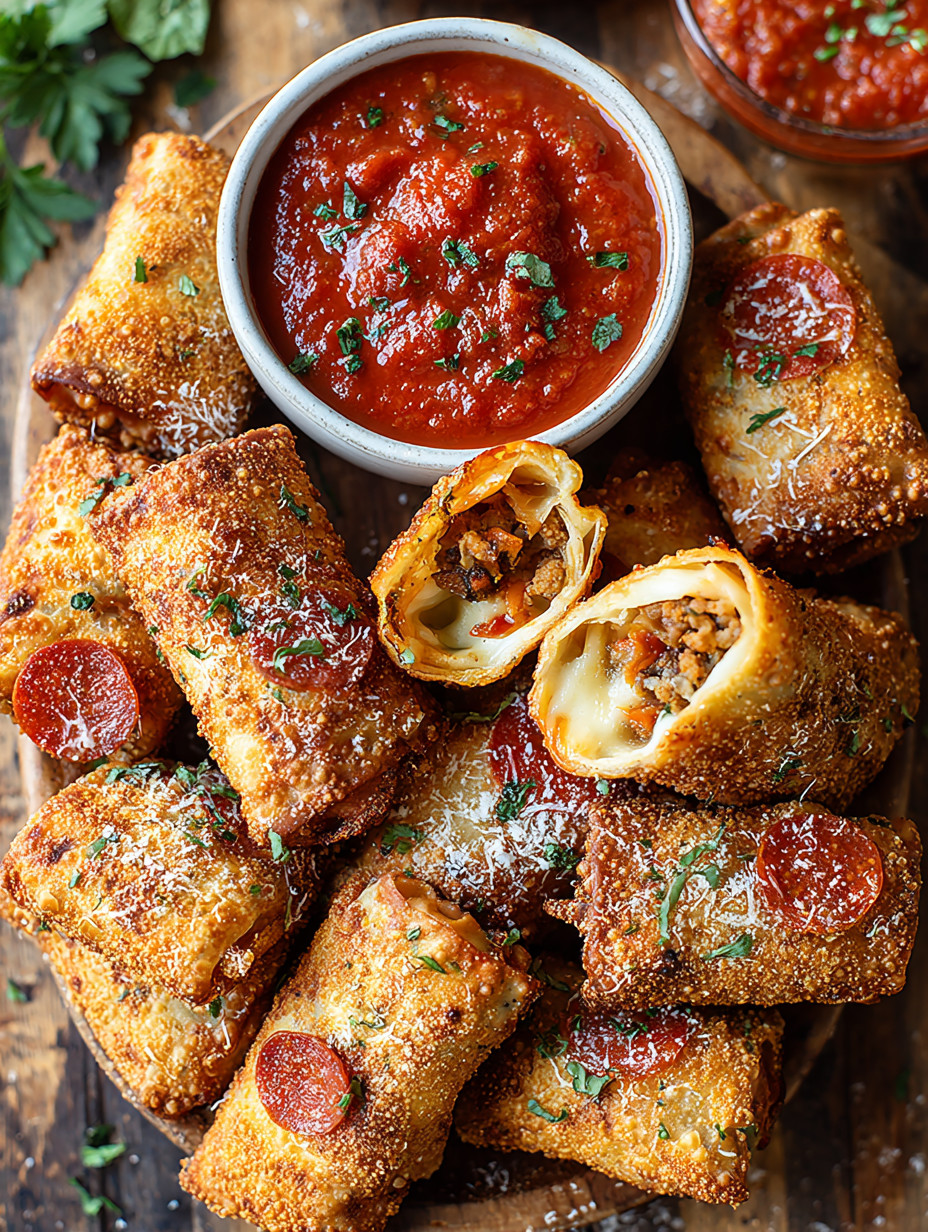 A bowl of marinara sauce with a spoon and a plate of calzones.