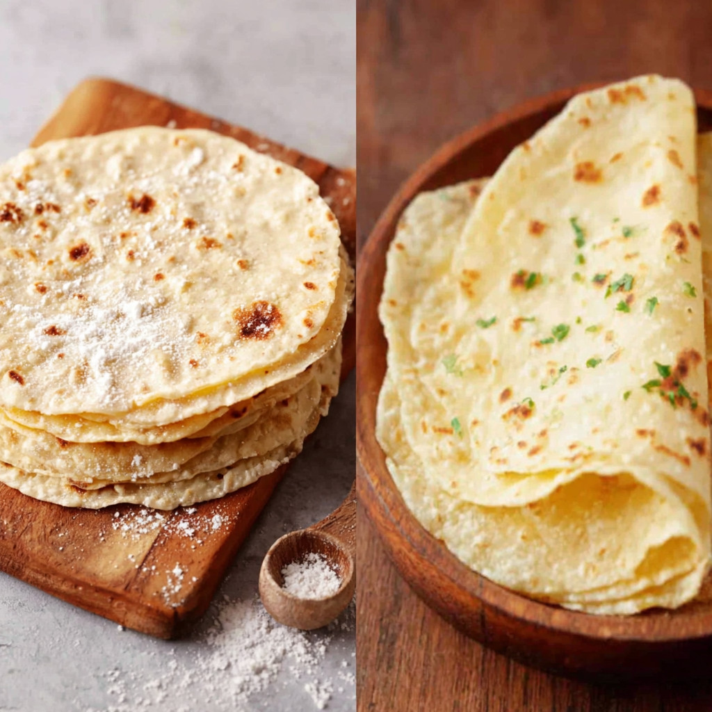 Two images of tortillas, one stacked and one rolled.