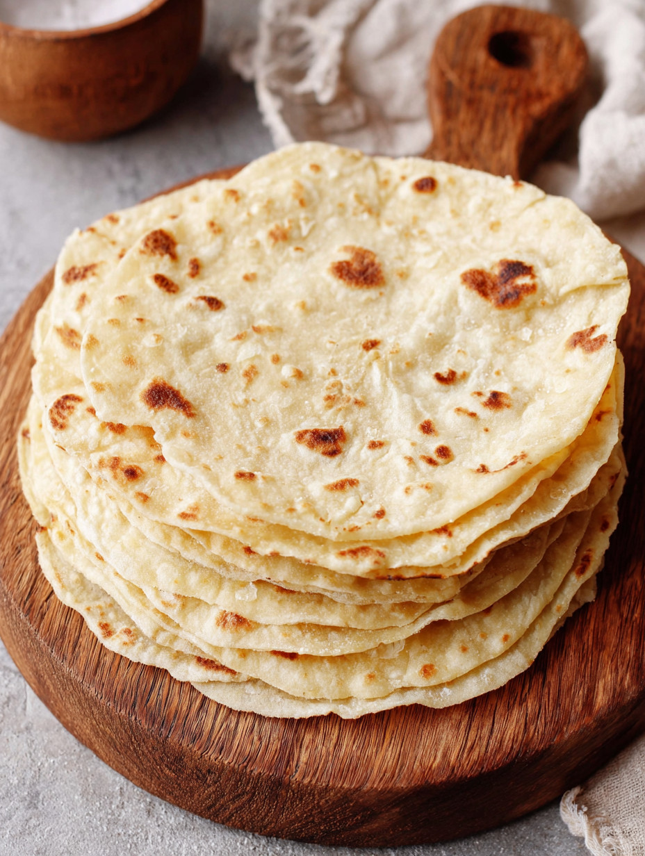 A stack of tortillas on a wooden board.