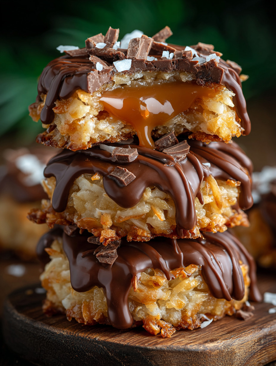 Chocolate covered cookies with caramel drizzle.