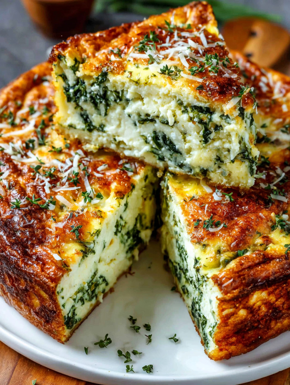 A slice of quiche with green vegetables.