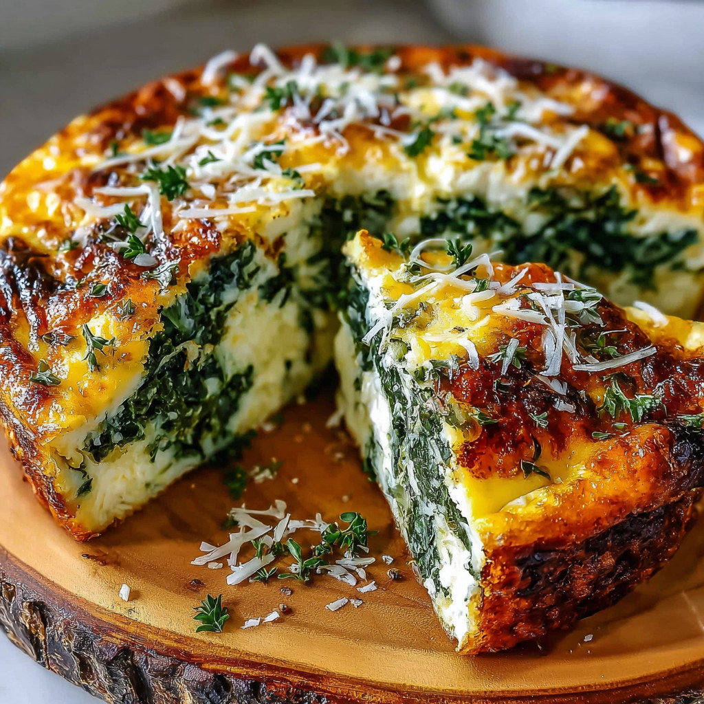 A slice of broccoli quiche on a wooden cutting board.