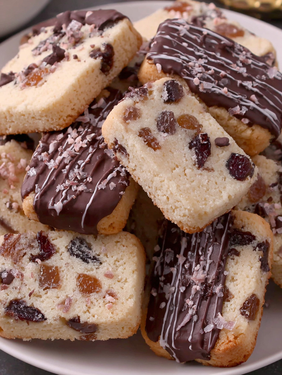 A stack of cookies with chocolate and fruit toppings.