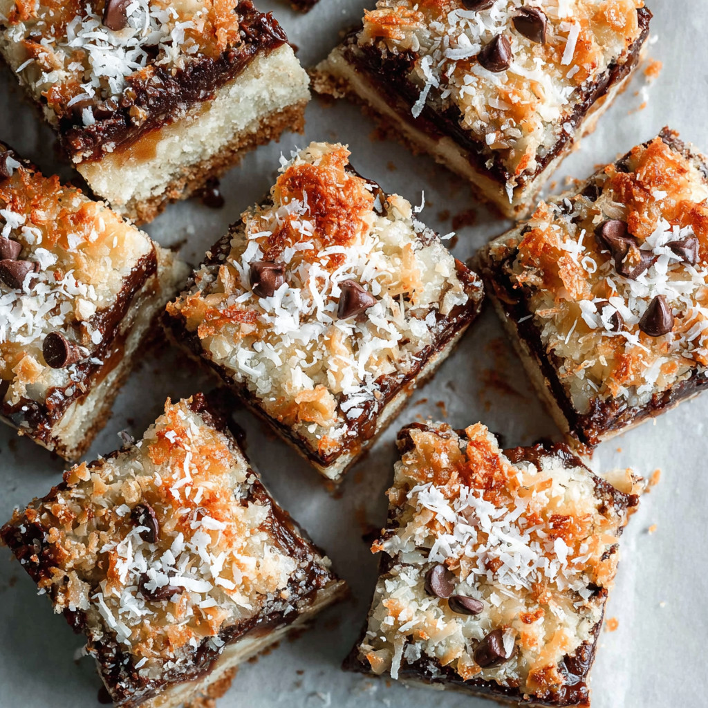 A close up of a dessert with chocolate and coconut.