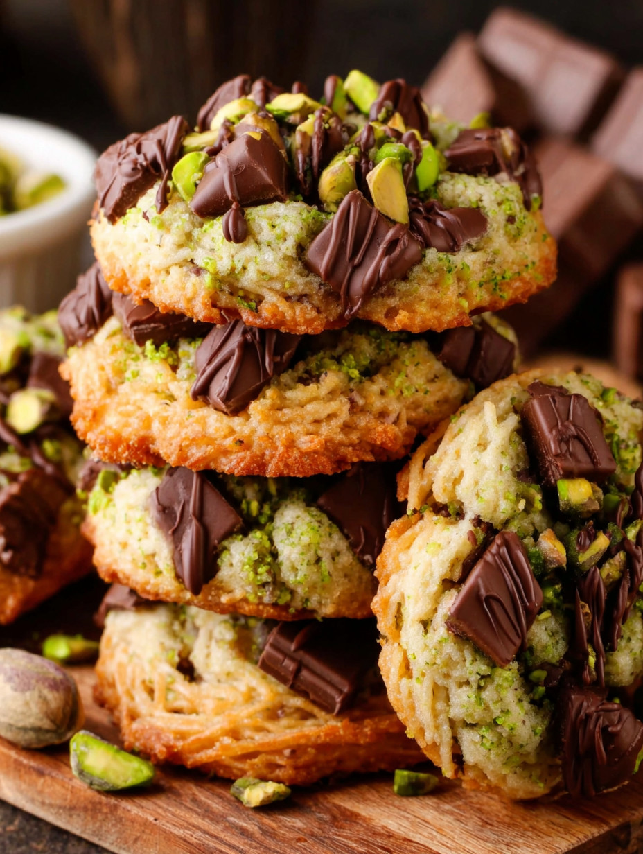 A stack of chocolate chip cookies.