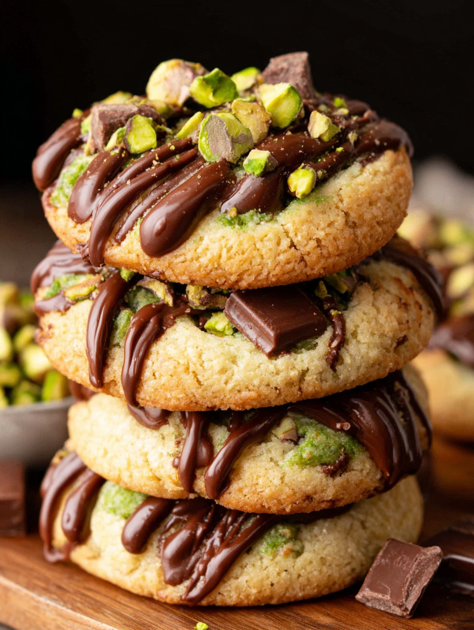 Chocolate chip cookies stacked on top of each other.