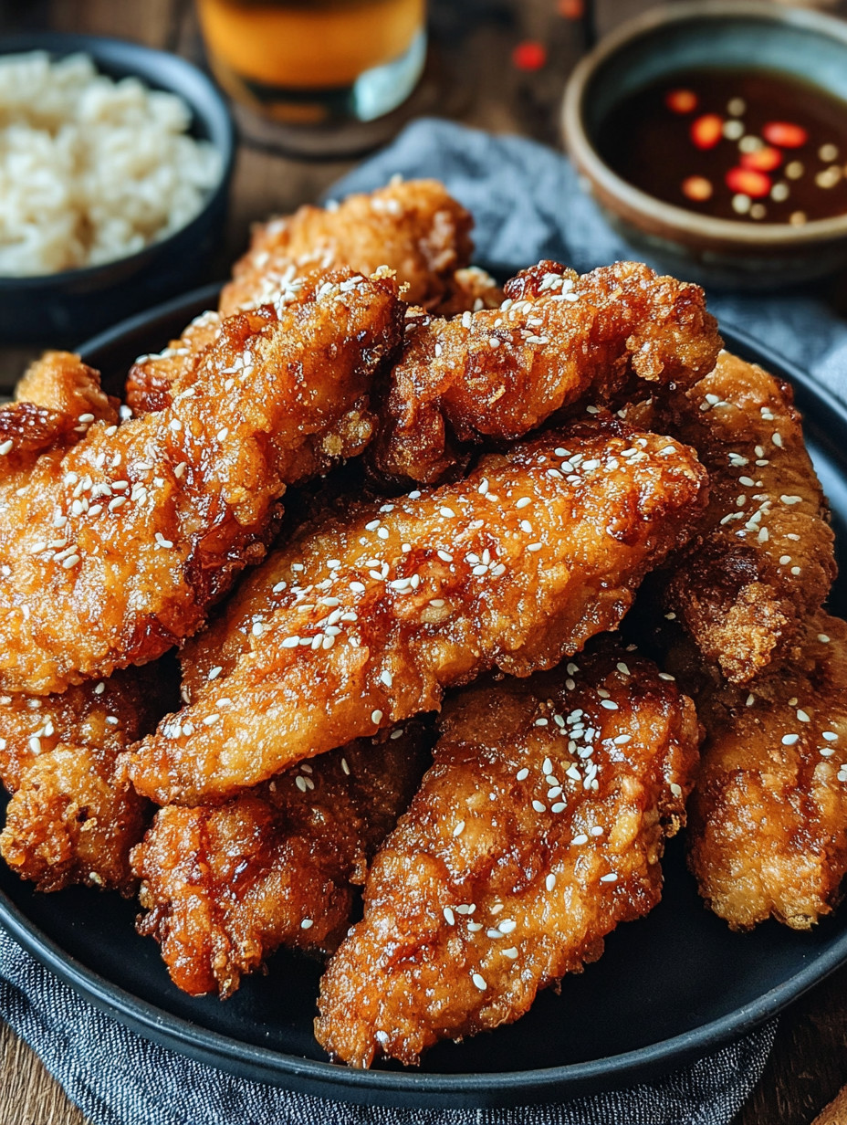 A plate of fried chicken with rice and sauce.
