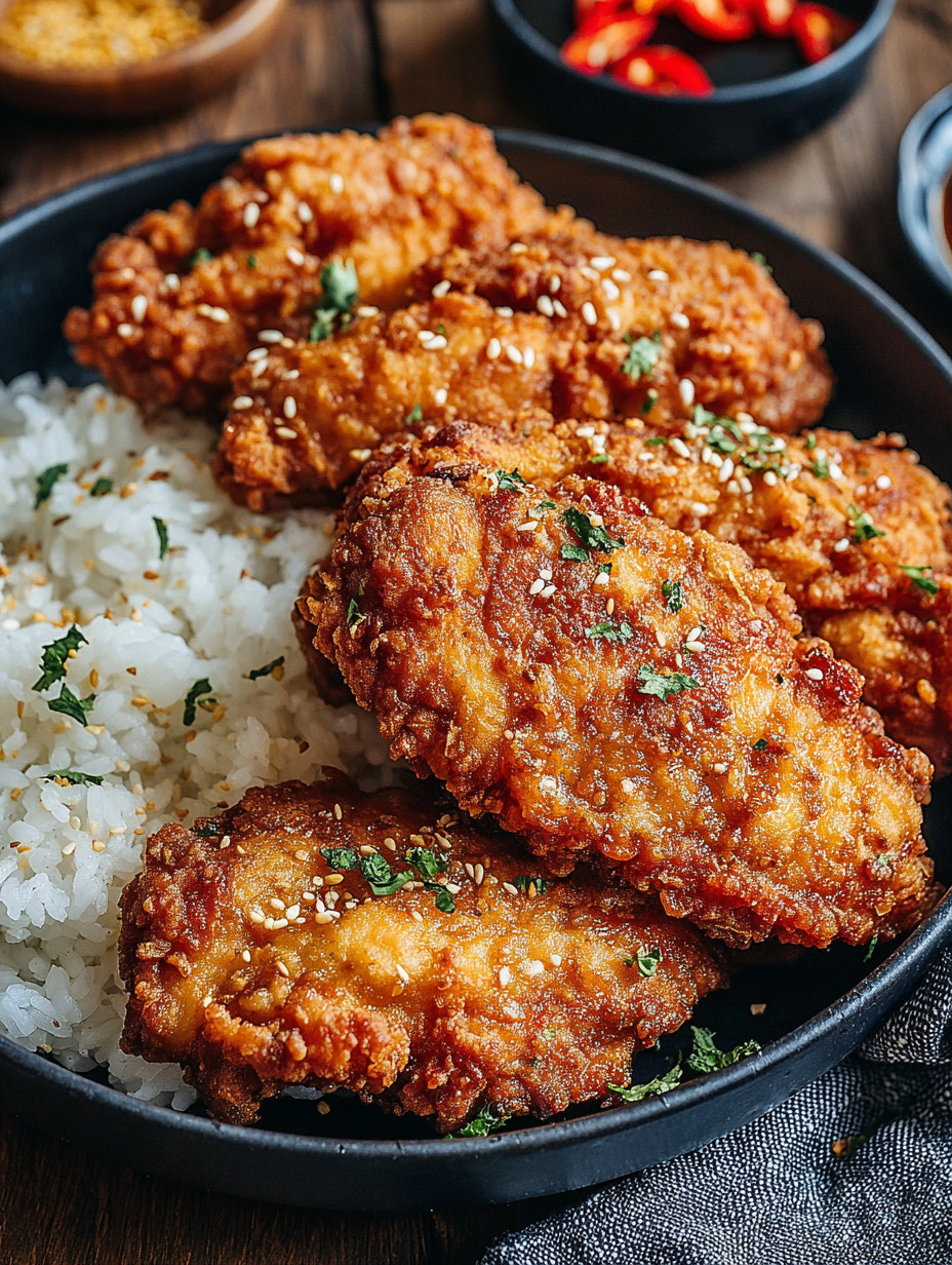 A bowl of rice and fried chicken.