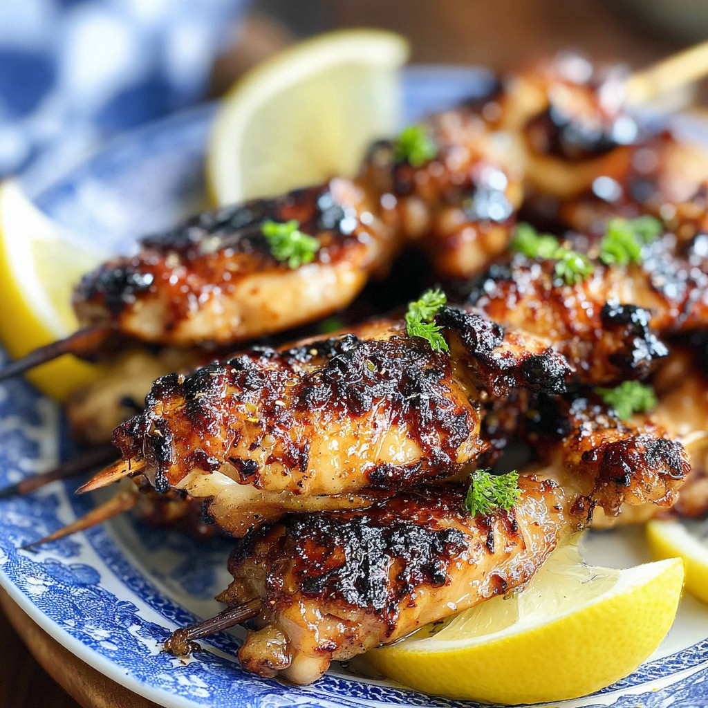A plate of grilled chicken with lemon wedges.