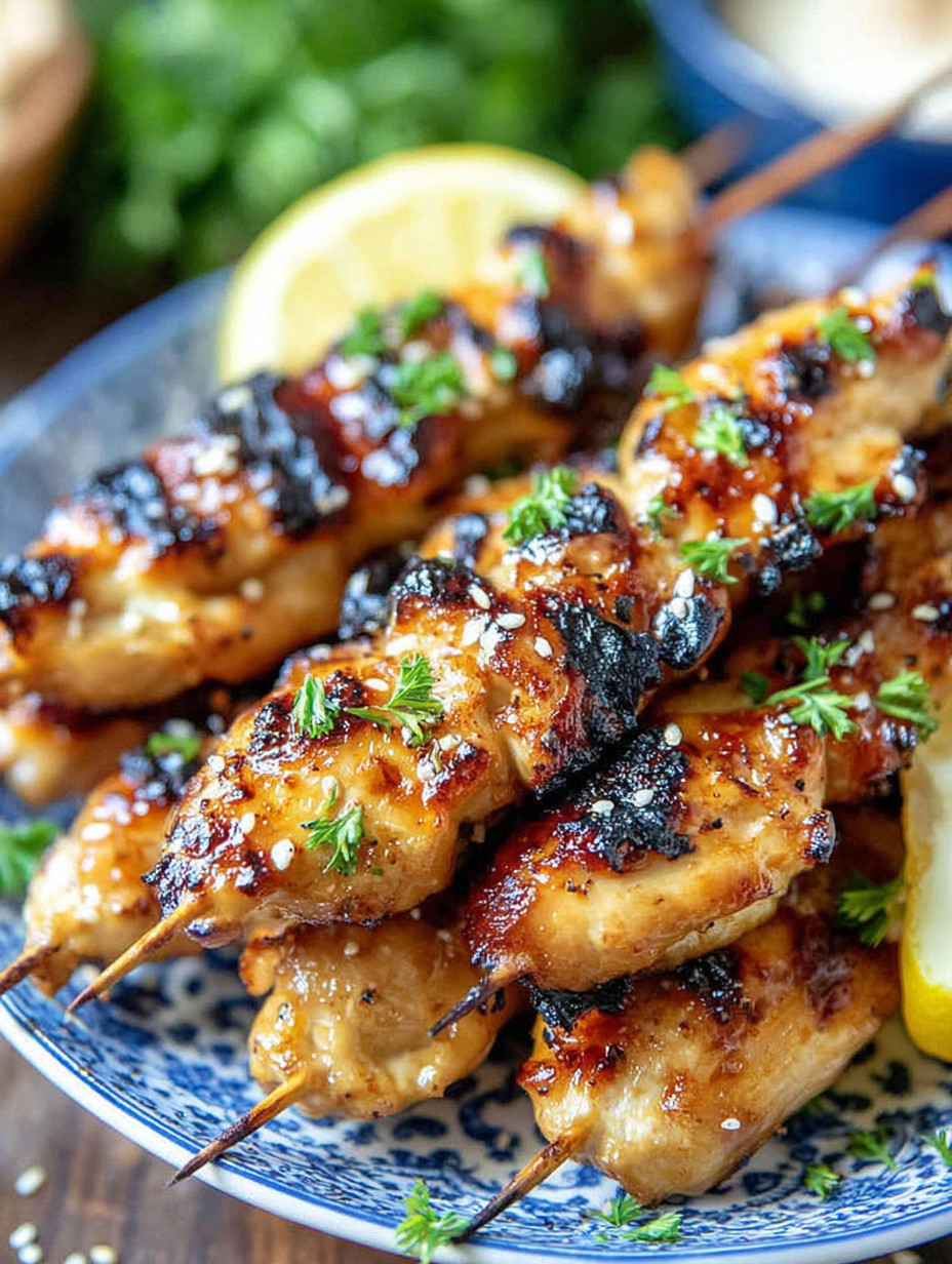 A plate of grilled chicken skewers with lemon wedges.