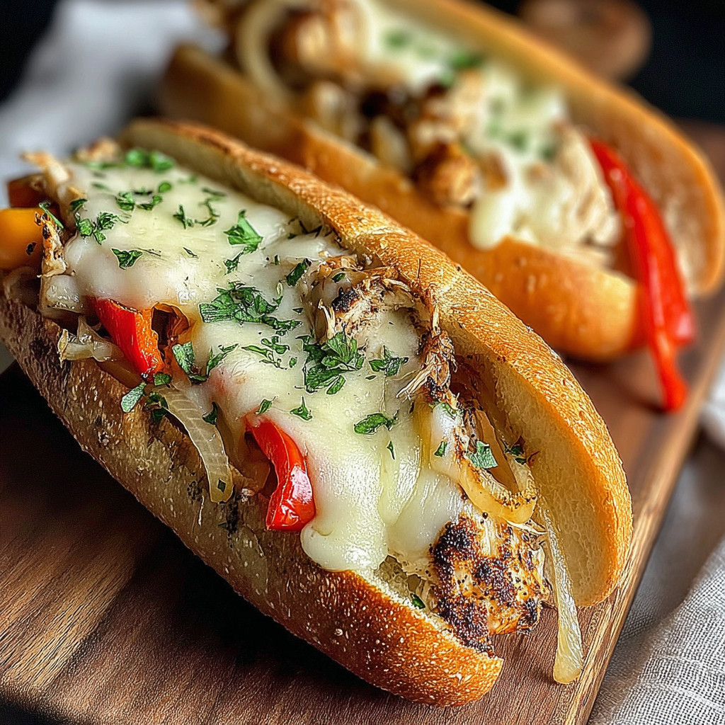 Two sandwiches on a wooden board.