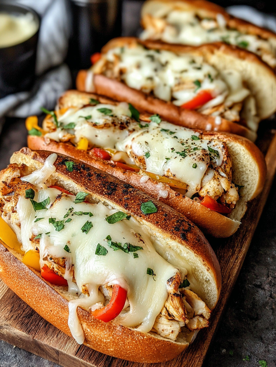 Three hot dogs with cheese and peppers on a wooden platter.