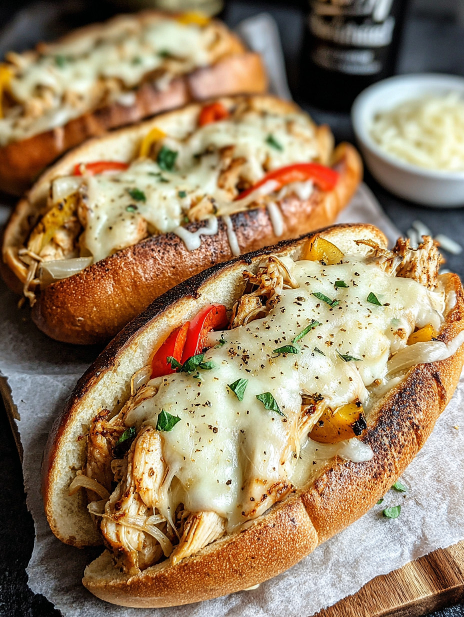 Two chicken sandwiches with cheese and peppers.