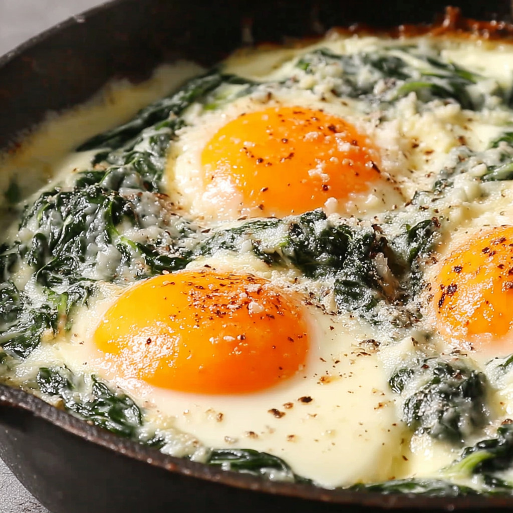 A fried egg with spinach and cheese.