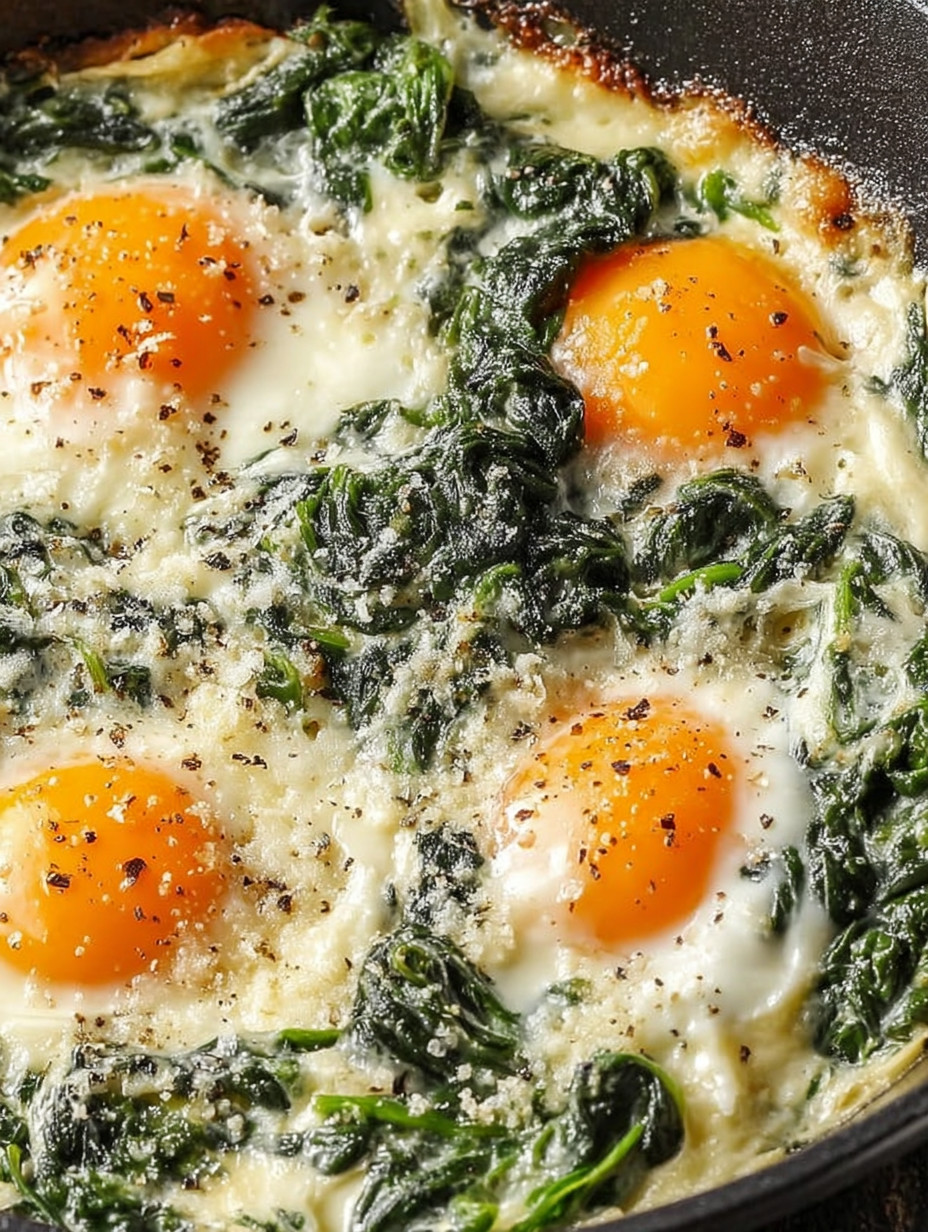 A plate of eggs with spinach and cheese.