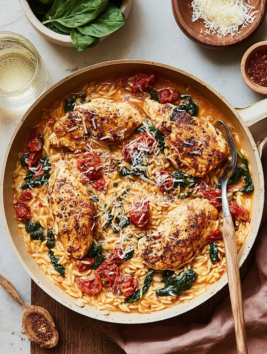 A pan of chicken with tomatoes and cheese.