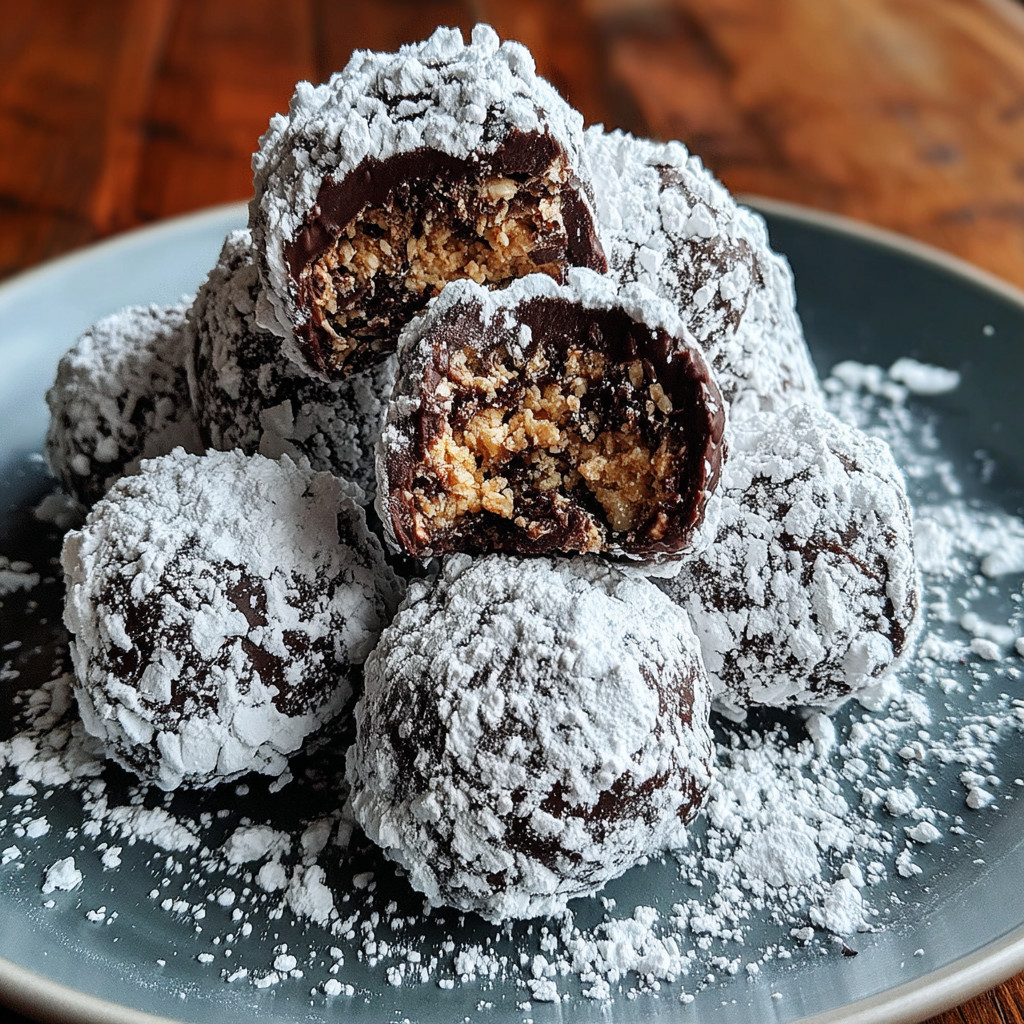 A plate of chocolate covered peanut butter balls.