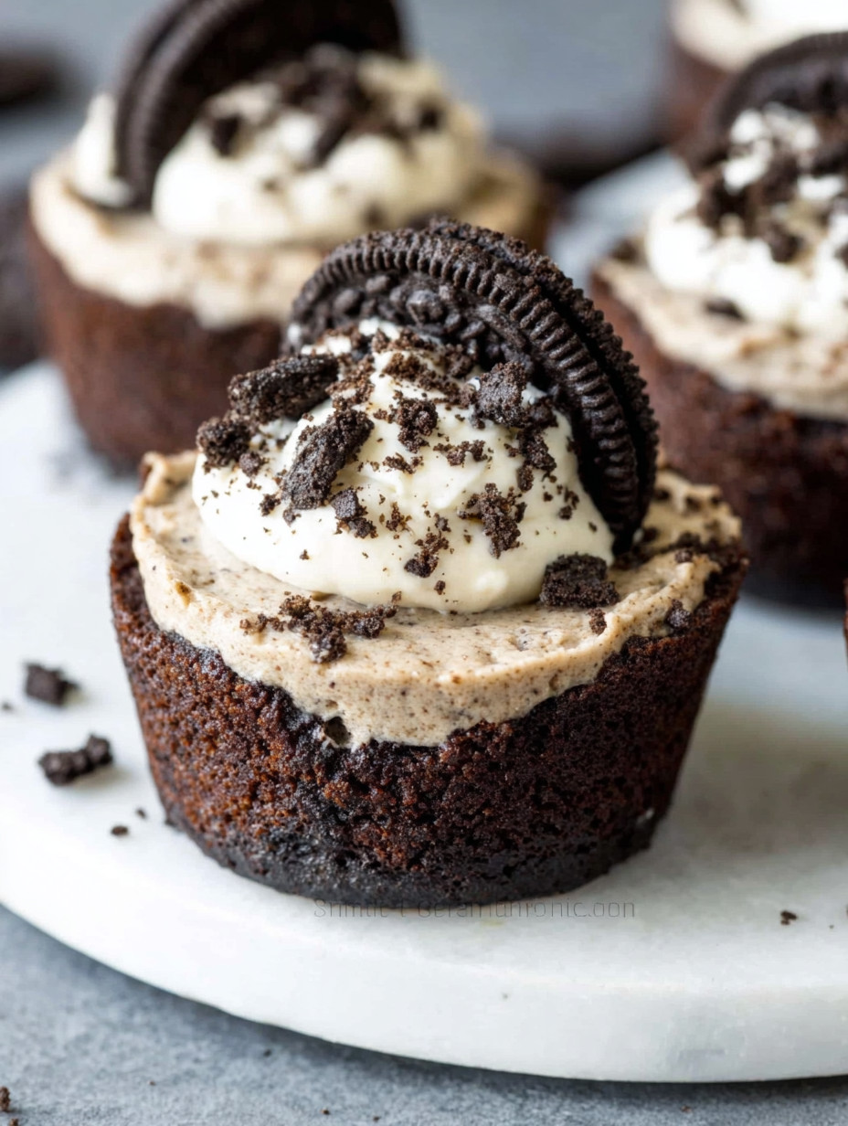 A chocolate cupcake with a white frosting and a chocolate chip on top.