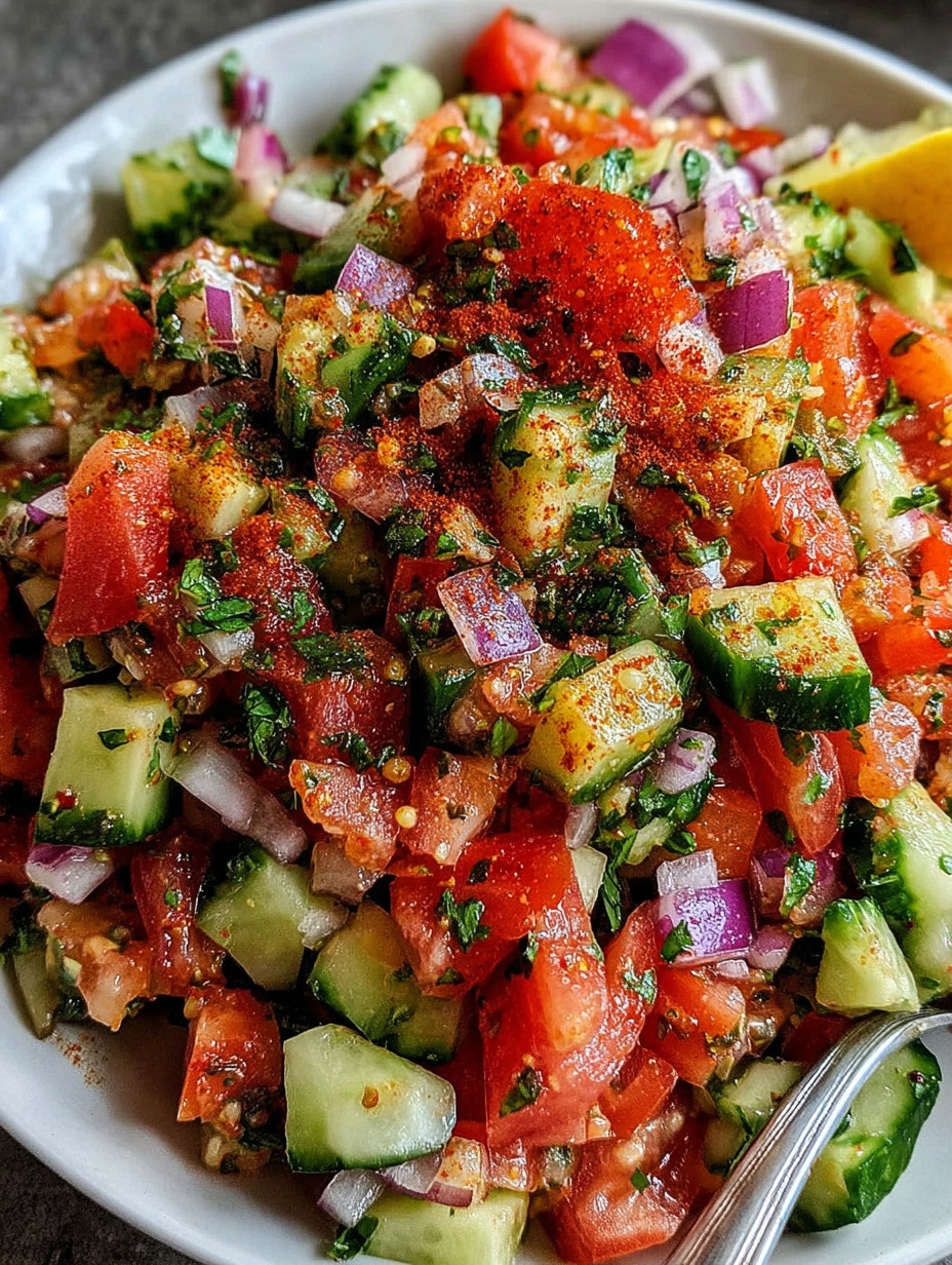 A bowl of vegetables including tomatoes, cucumbers, onions, and peppers.
