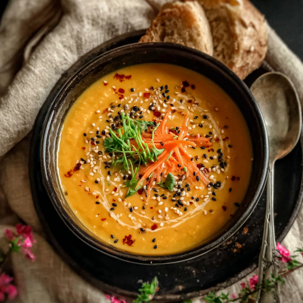 A bowl of soup with carrots and black pepper.