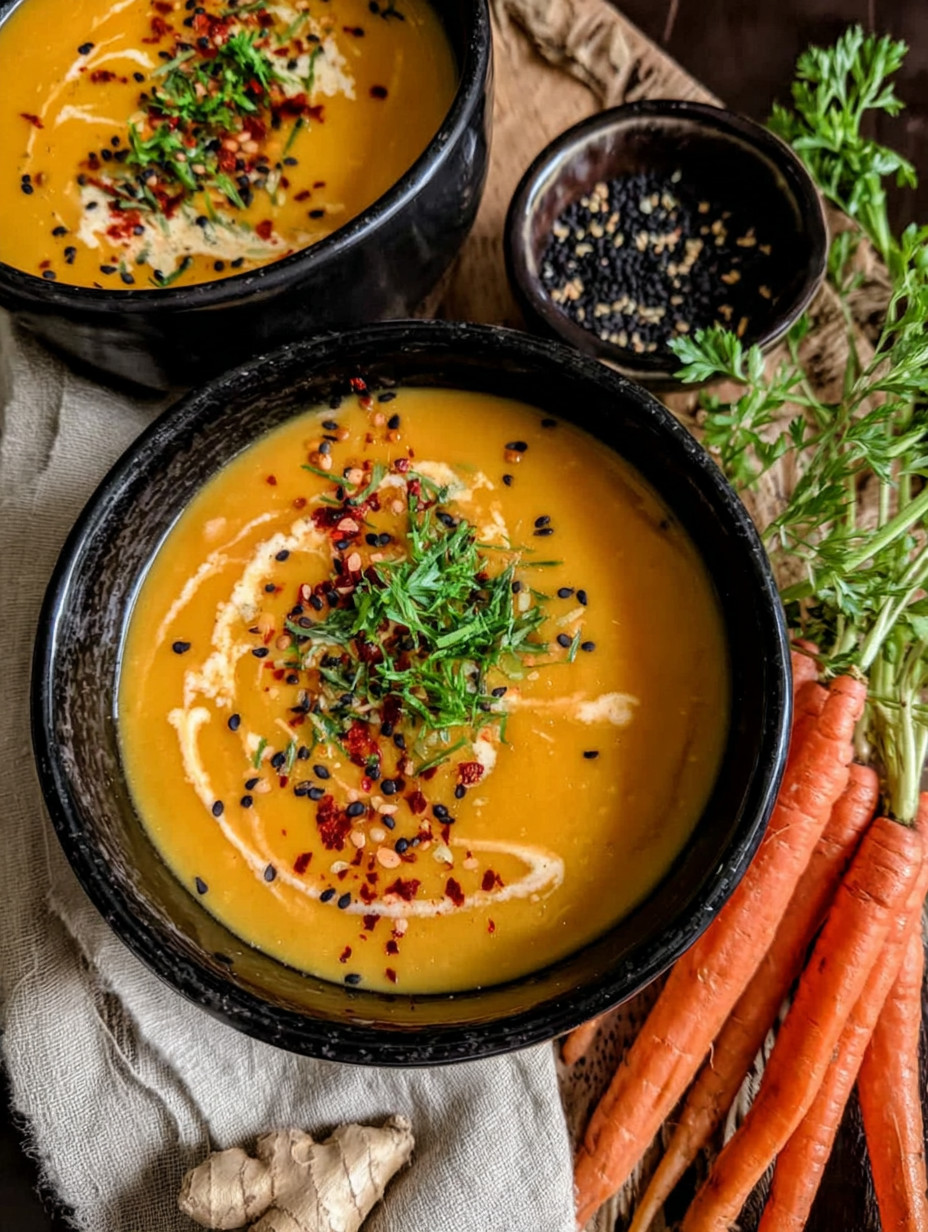 A bowl of soup with carrots and spices.