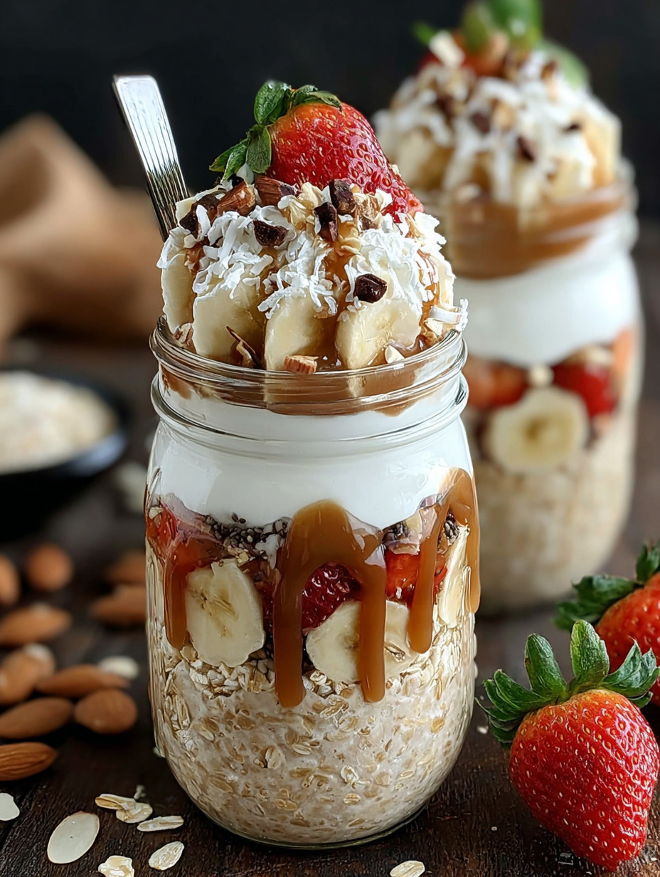 A banana split with strawberries and whipped cream.