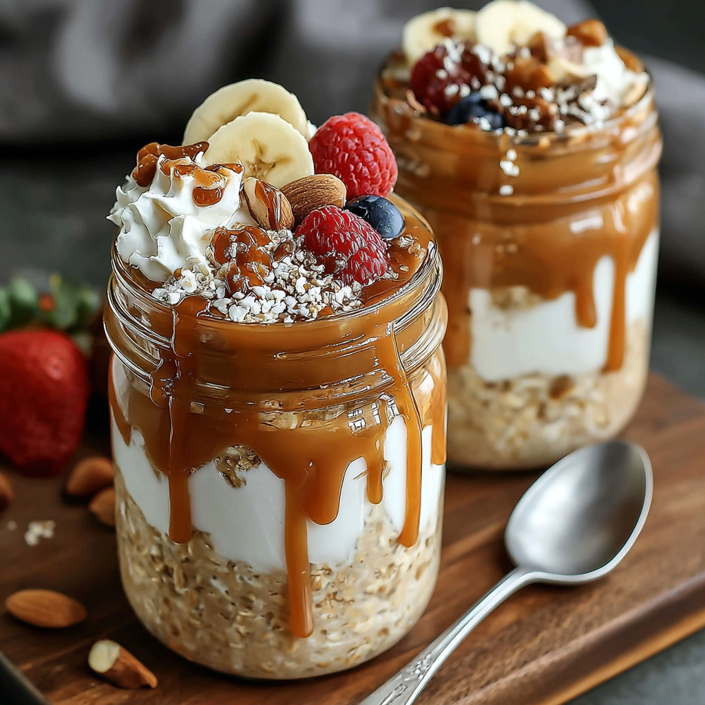Two jars of yogurt with bananas and berries.