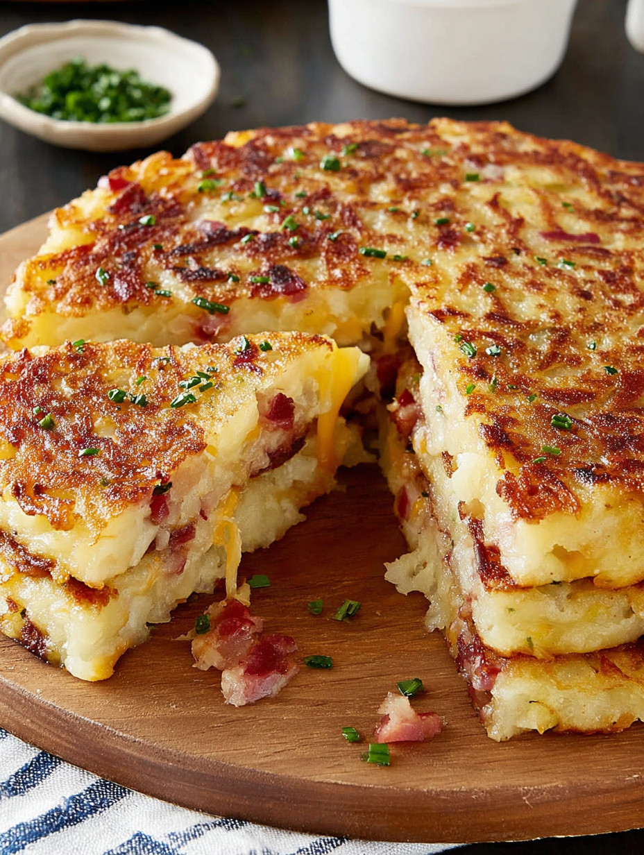 A slice of potato cake with cheese and bacon.