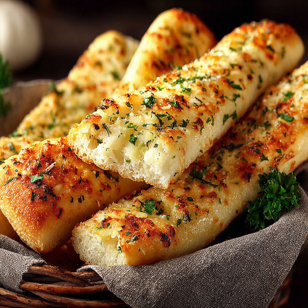 A basket of breadsticks with cheese and herbs.