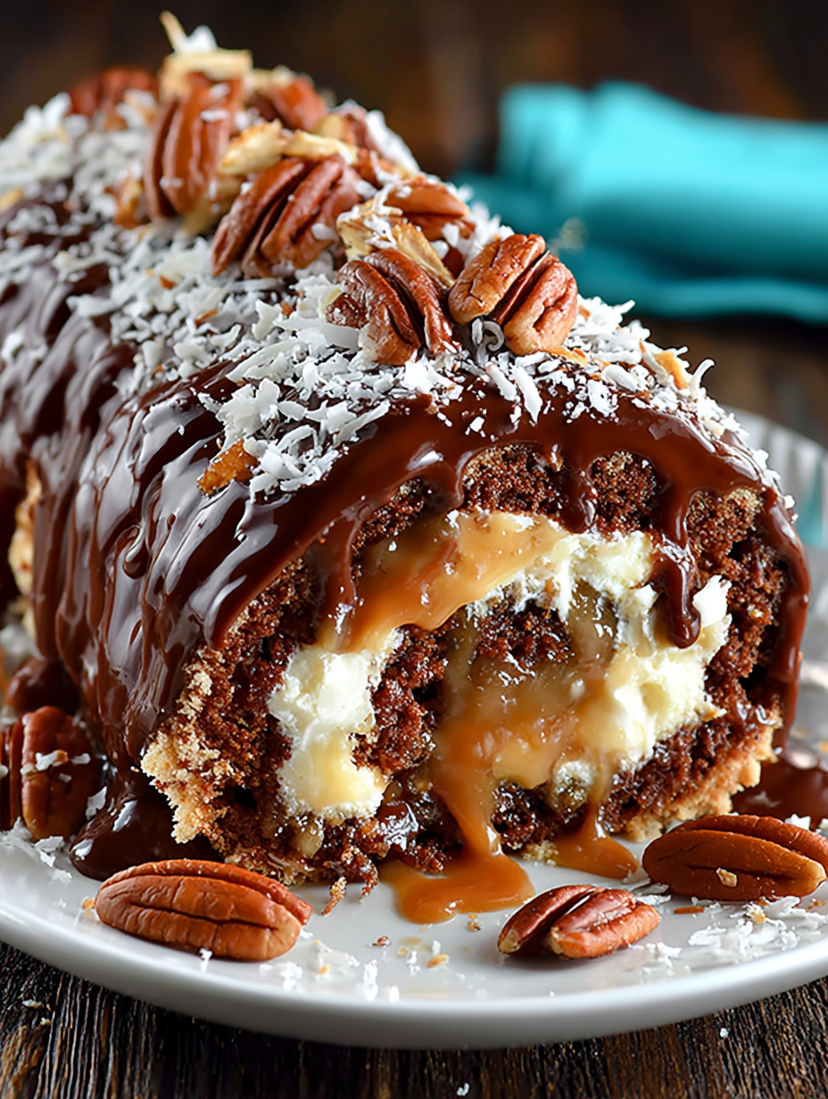 A chocolate cake with nuts on top.