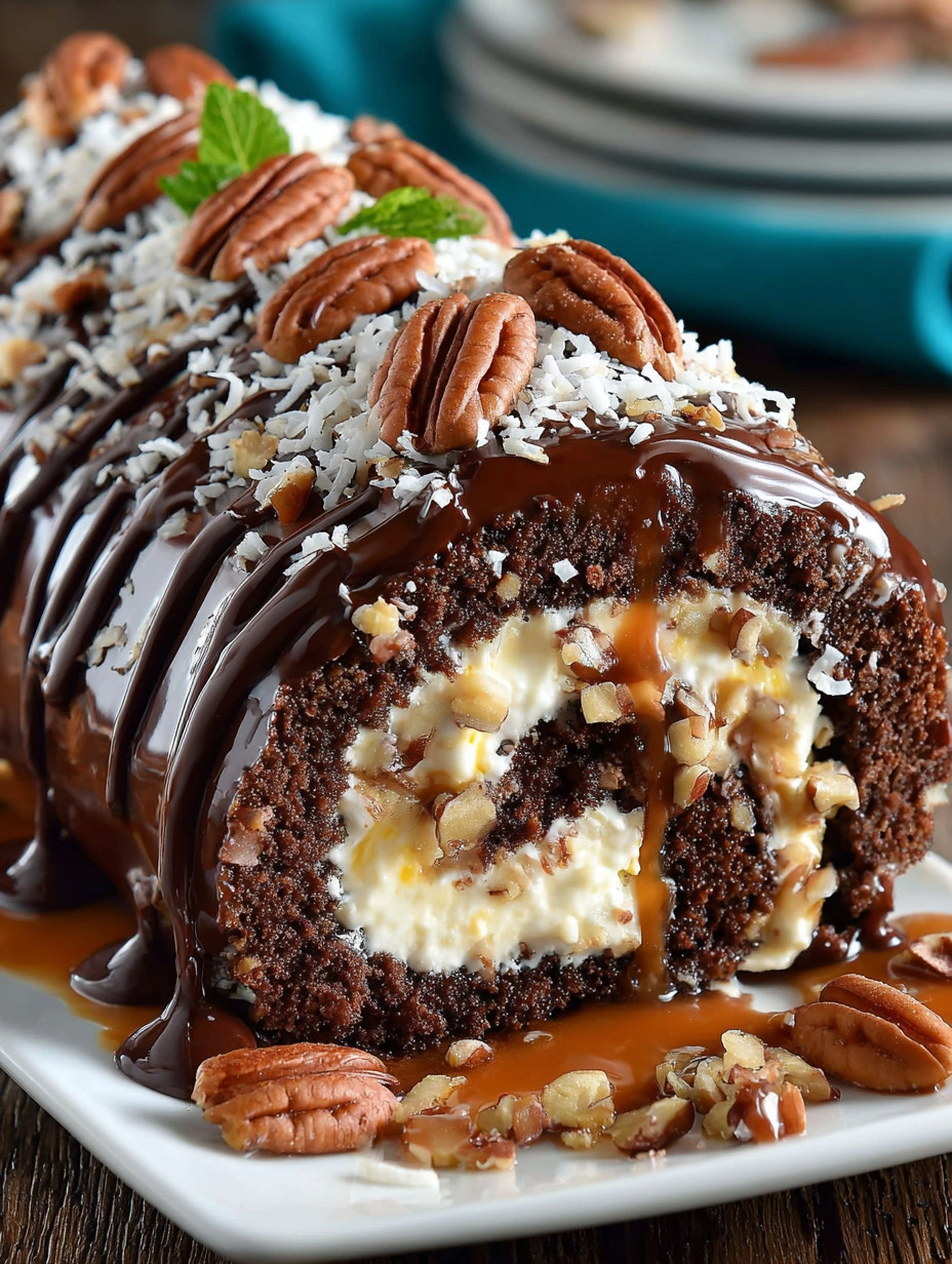 A chocolate cake with nuts and cream.