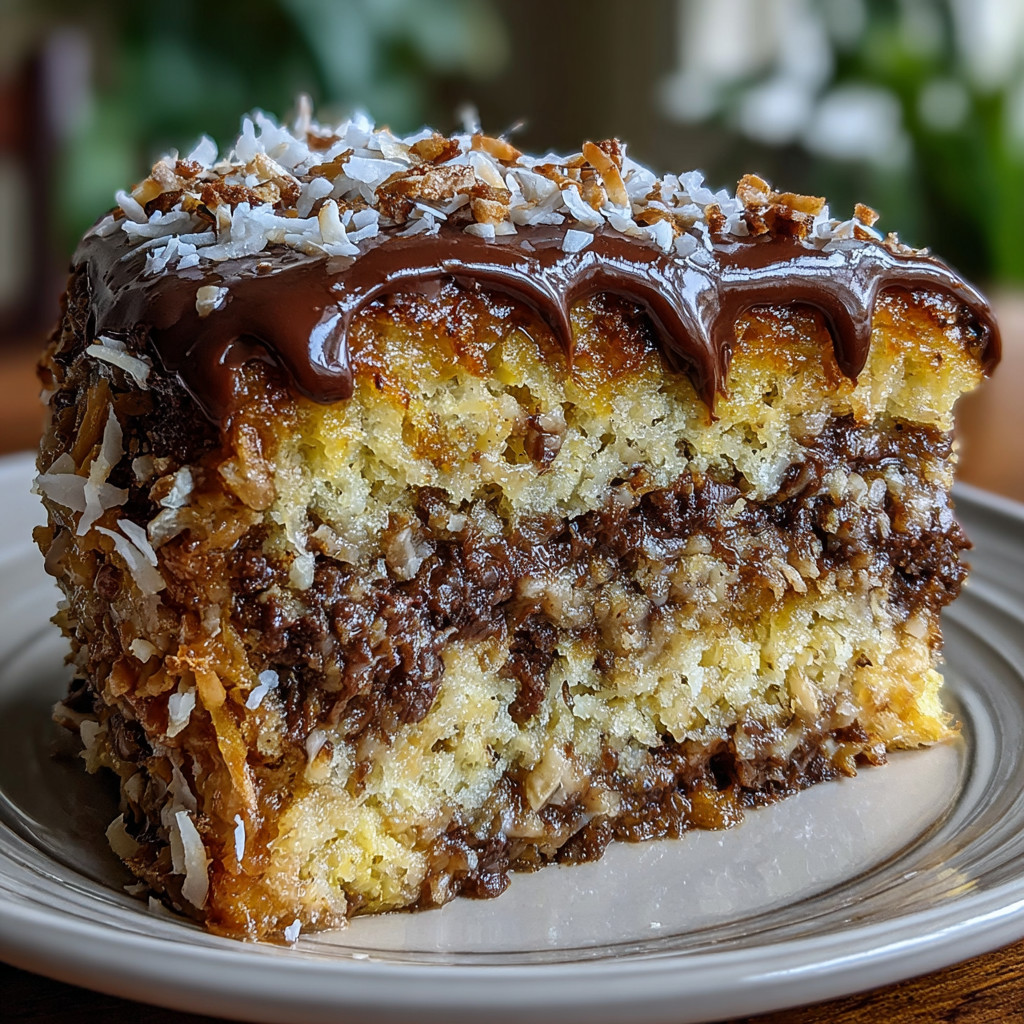A slice of chocolate cake with coconut on top.