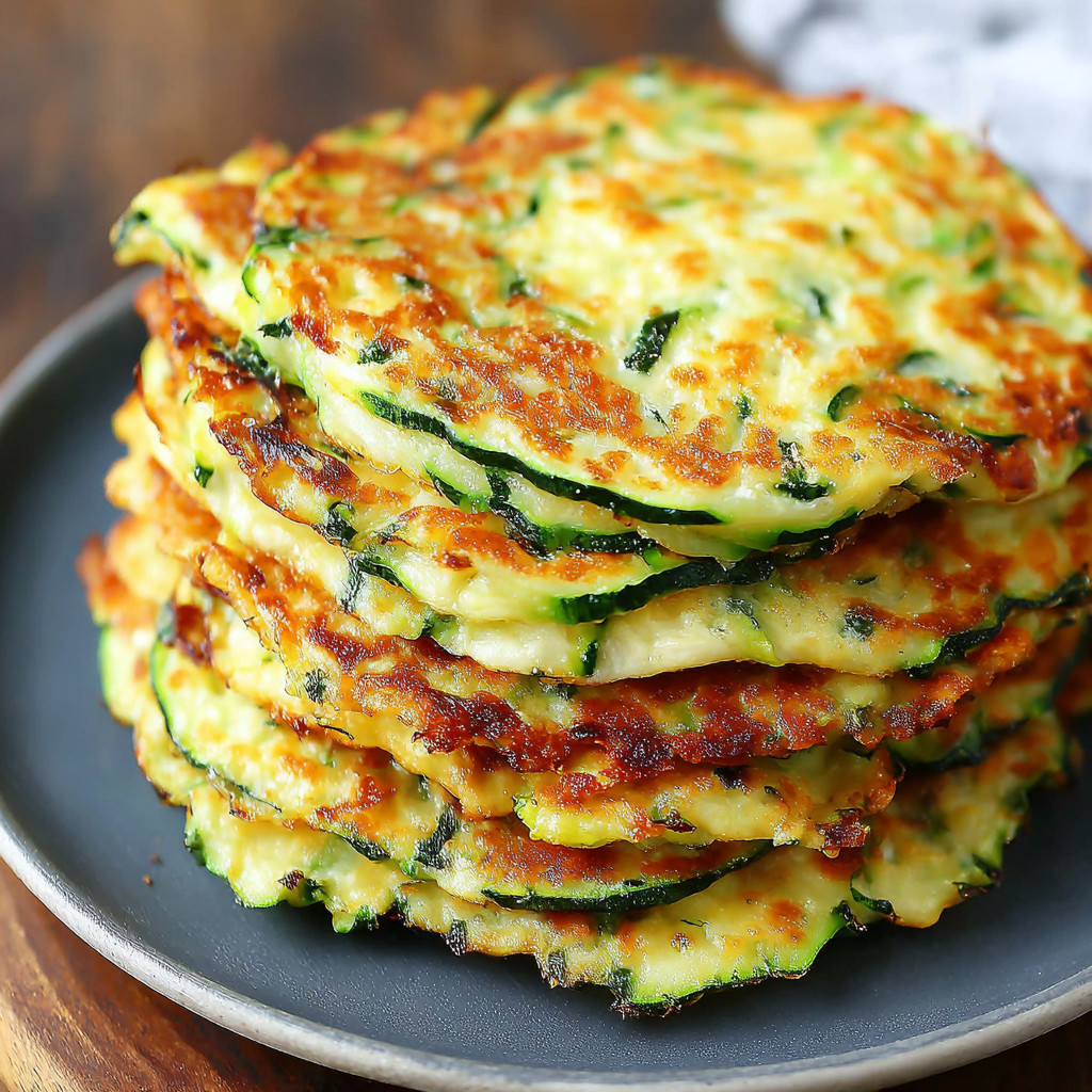 A stack of zucchini pancakes on a plate.