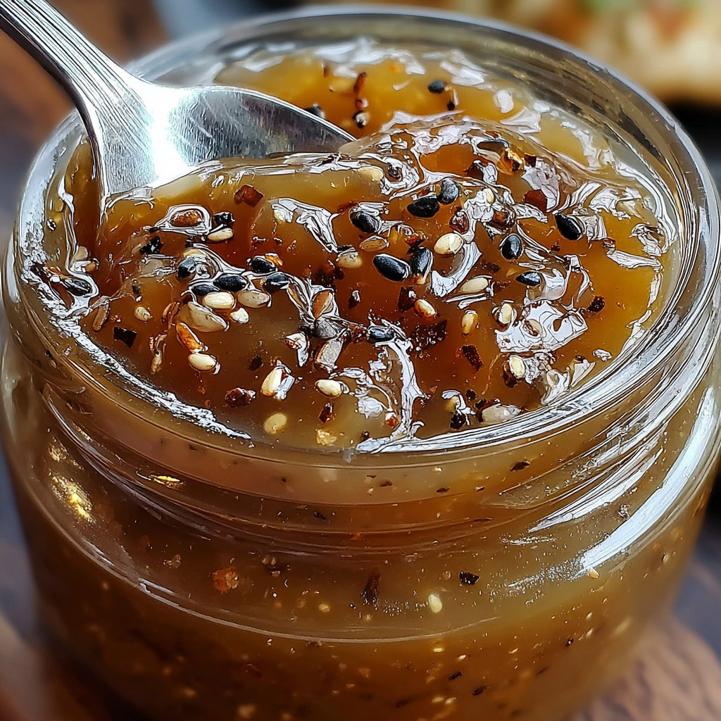 A jar of jam with a spoon in it.