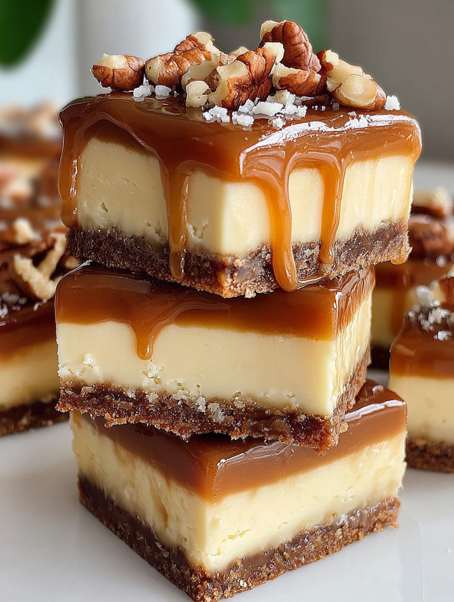 A stack of three desserts with caramel drizzle.