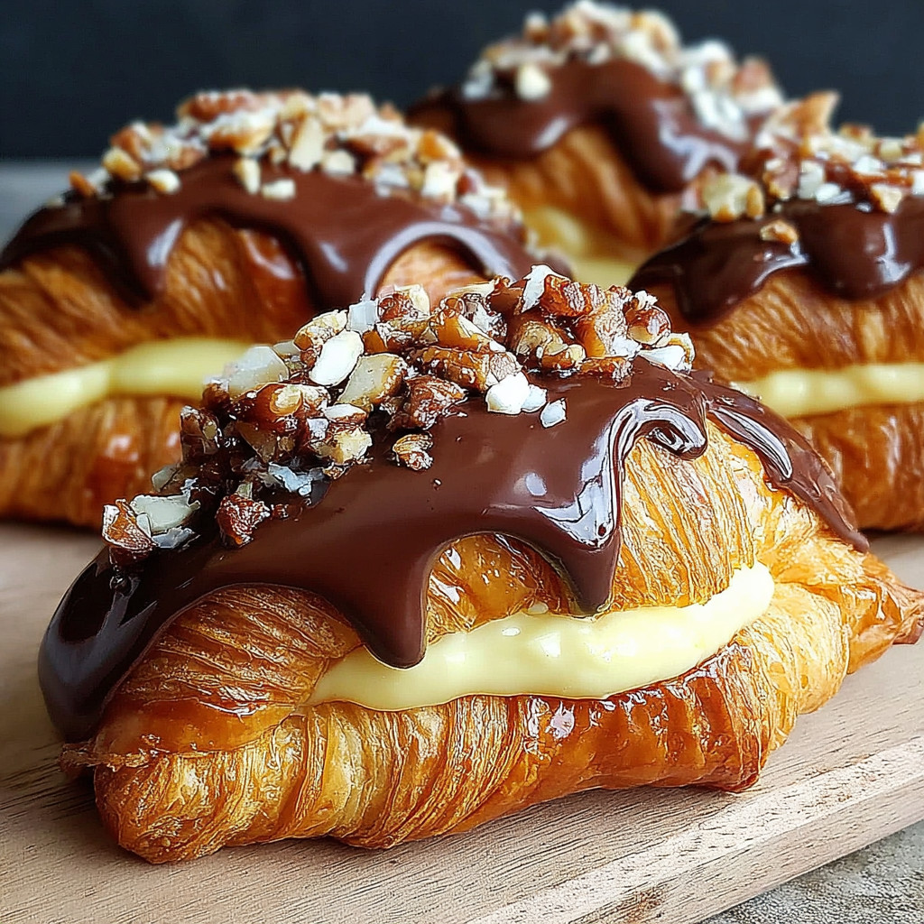 Two pastries with chocolate drizzle on a wooden table.