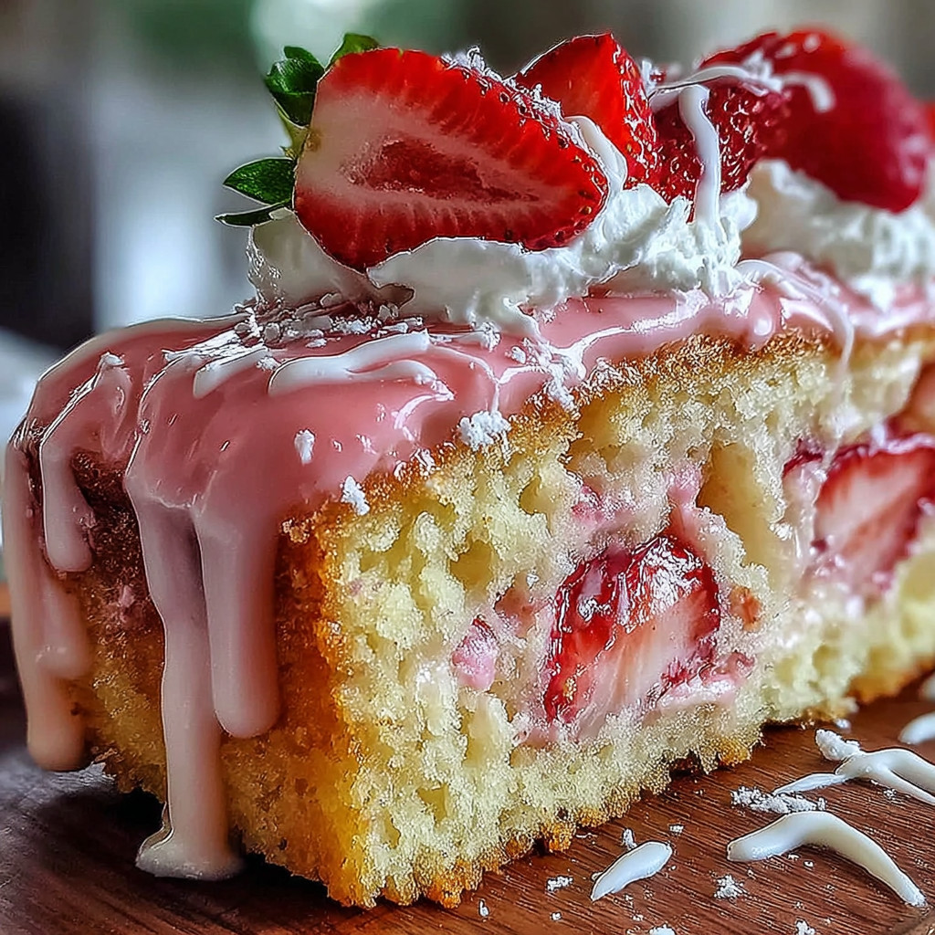 A slice of cake with strawberries and whipped cream.