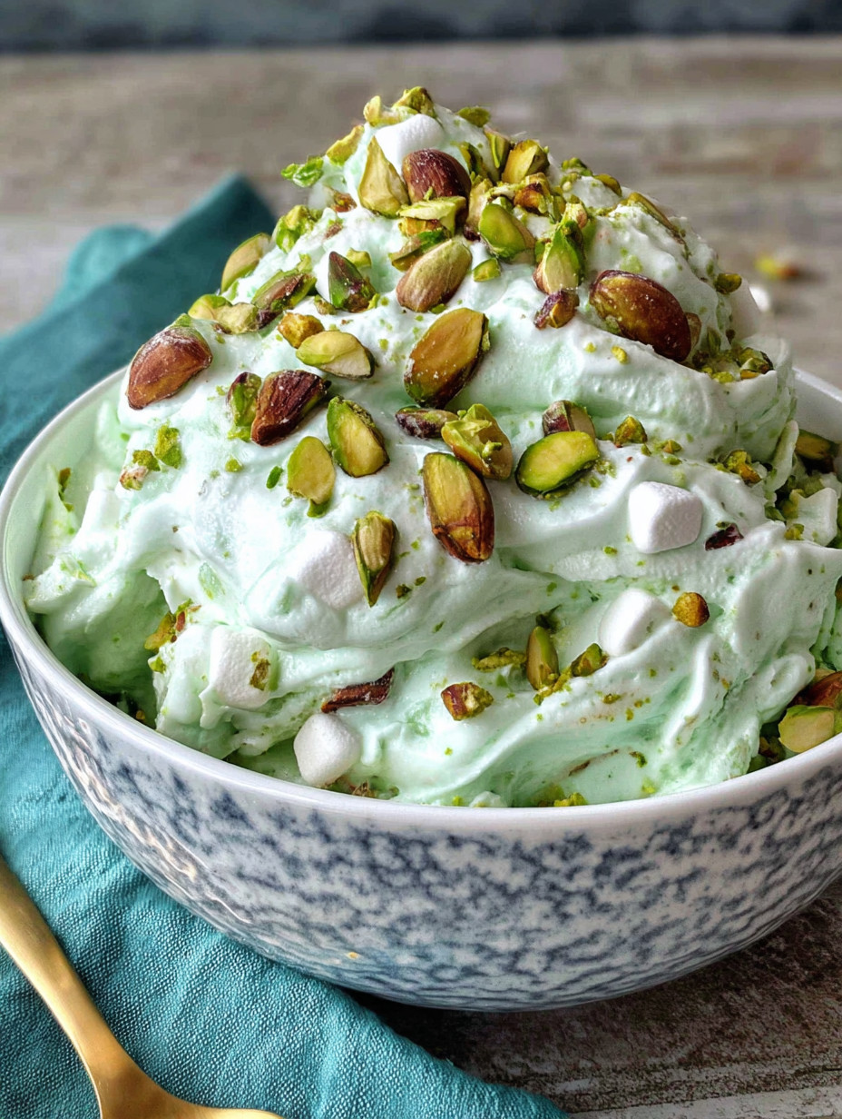 A bowl of white cream with nuts and green stuff on top.