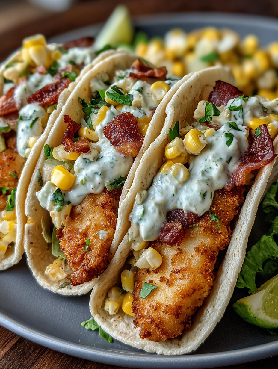Two fish tacos with bacon and corn.