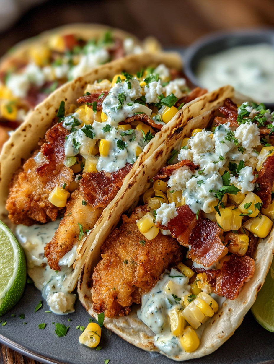 Two fish tacos with bacon and sour cream.