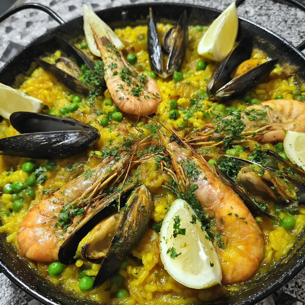 A plate of seafood with a lemon wedge.