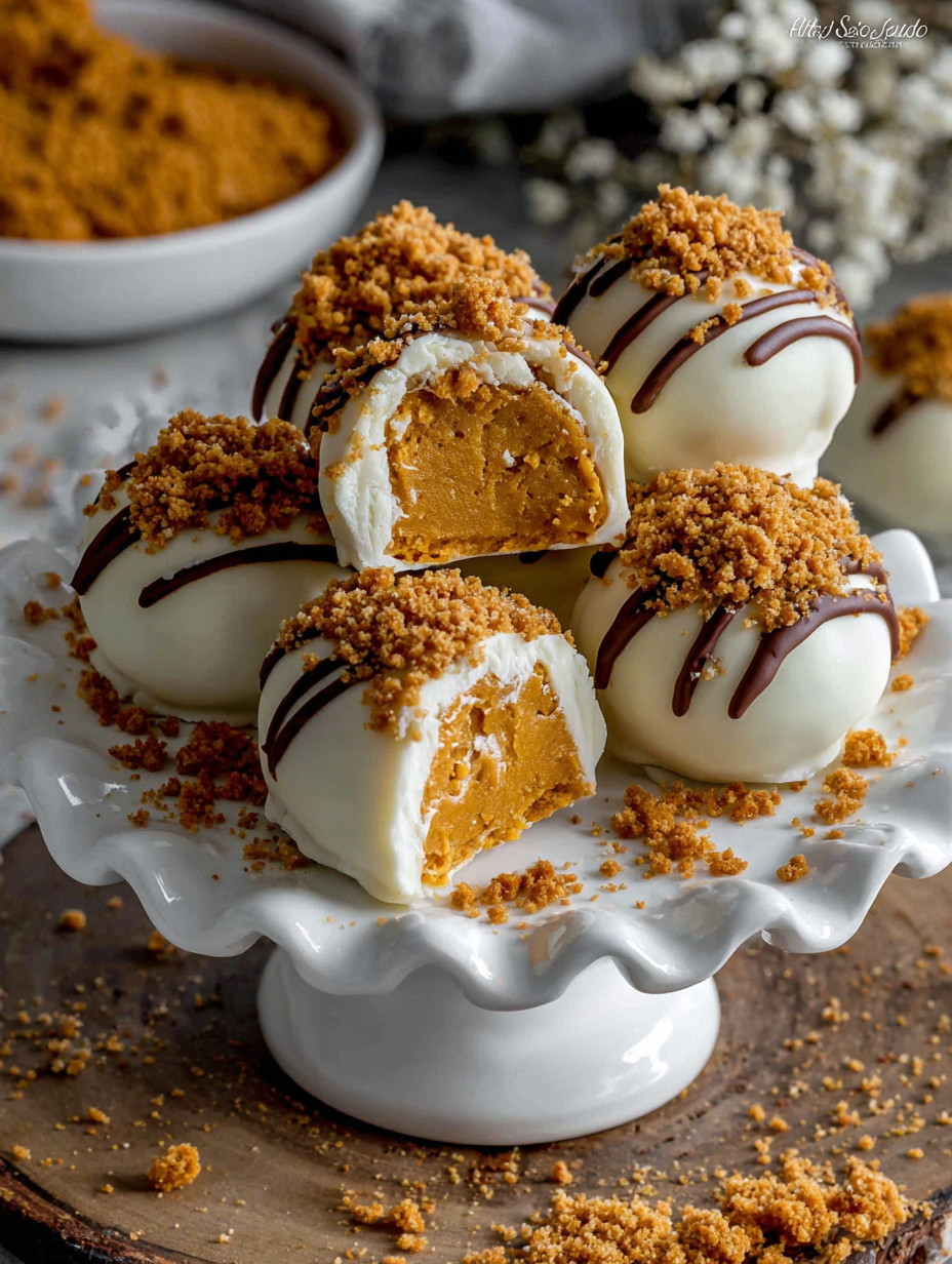 A plate of cake balls with chocolate and caramel drizzles.